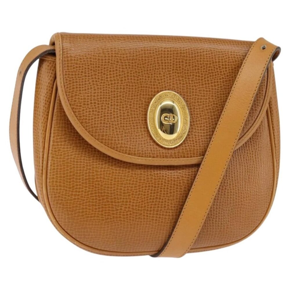 Christian Dior Shoulder Bag Leather Beige Gold Auth BA5737